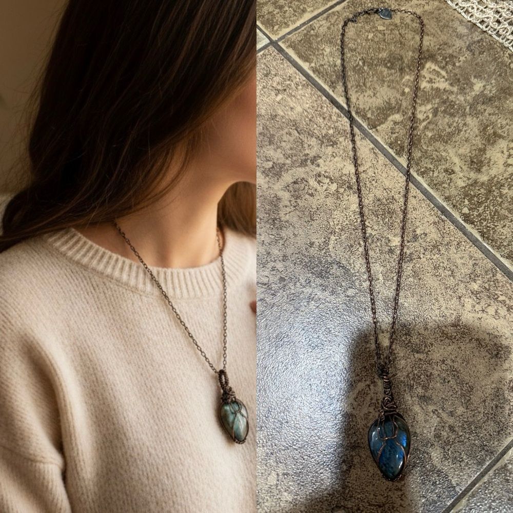 Labradorite Wire Wrapped Pendant Necklace Blue Flash Stone